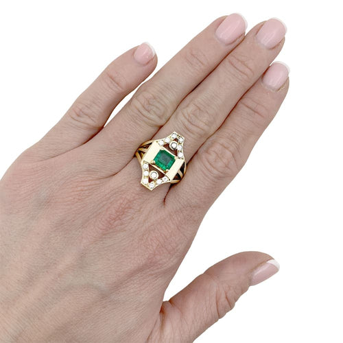 Bague 55 Bague géométrique en or jaune 750 avec émeraude et diamants 58 Facettes 35220
