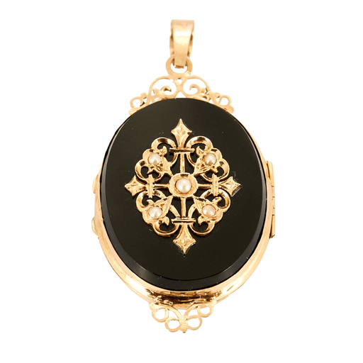 Opening Locket Pendant with Onyx and Half Pearls 58 Facettes DV0608-9