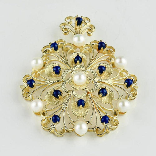 Pendentif Pendentif vintage en or jaune 14K avec perles et lapis-lazuli 58 Facettes 1945