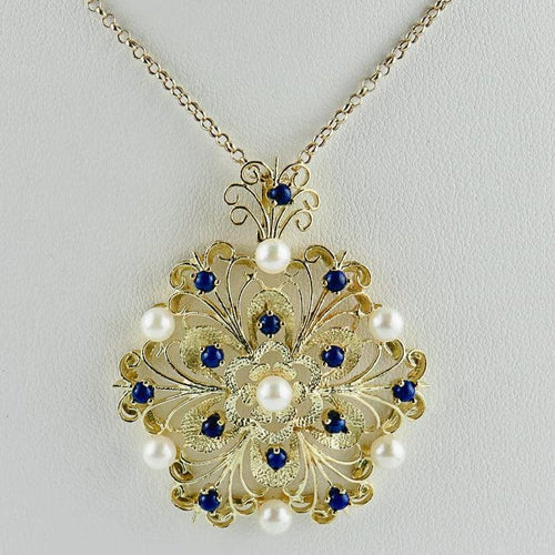Pendentif Pendentif vintage en or jaune 14K avec perles et lapis-lazuli 58 Facettes 1945