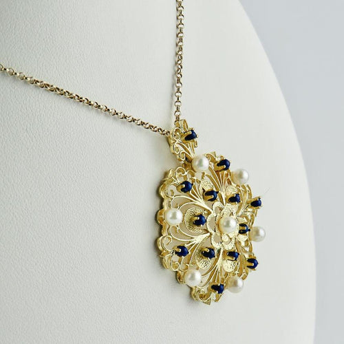 Pendentif Pendentif vintage en or jaune 14K avec perles et lapis-lazuli 58 Facettes 1945