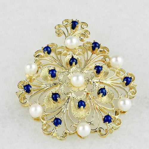 Pendentif Pendentif vintage en or jaune 14K avec perles et lapis-lazuli 58 Facettes 1945