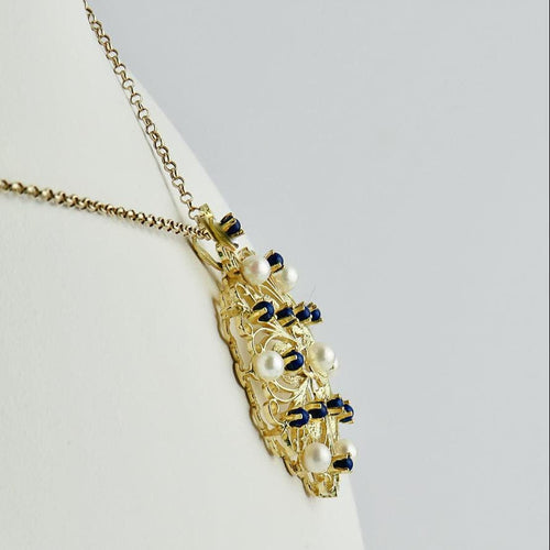 Pendentif Pendentif vintage en or jaune 14K avec perles et lapis-lazuli 58 Facettes 1945