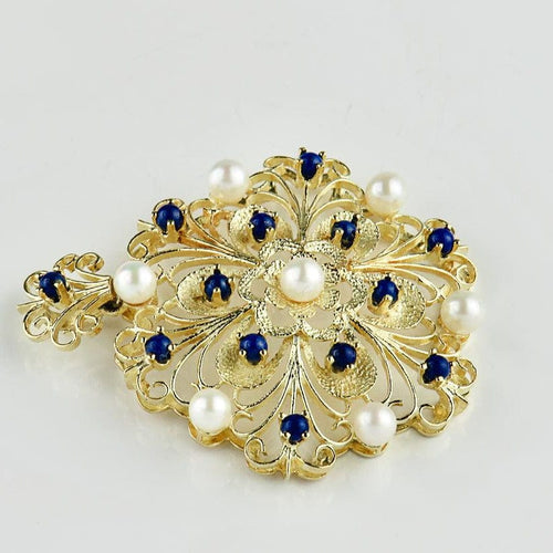 Pendentif Pendentif vintage en or jaune 14K avec perles et lapis-lazuli 58 Facettes 1945