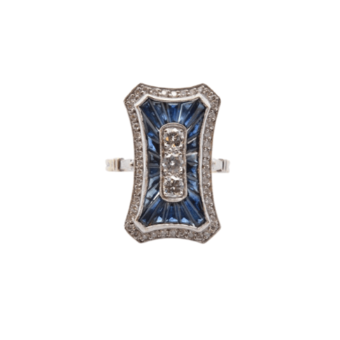 Ring 53 Art Deco style ring White gold Sapphires Diamonds 58 Facettes 25178