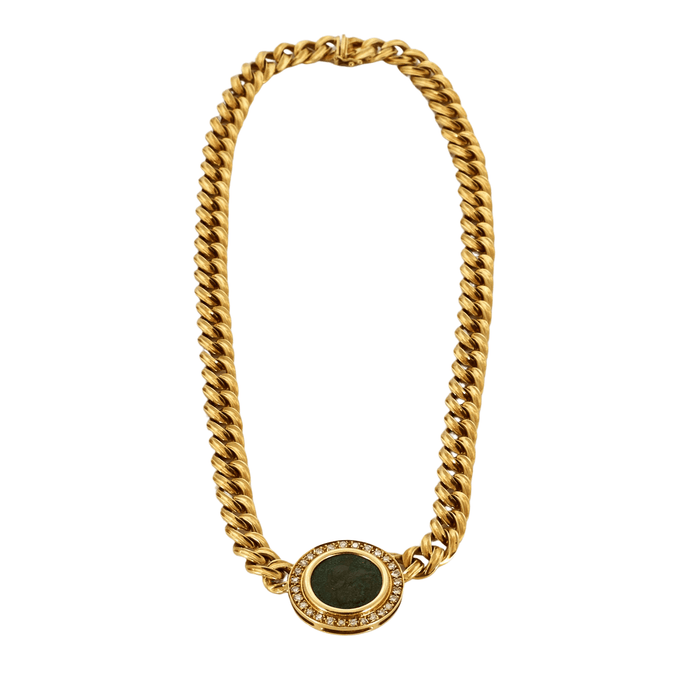 Collier Collier or jaune diamants centré d'une pièce de bronze 58 Facettes LP501