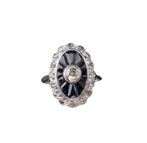 Ring 51.5 Art Deco Ring Calibrated Diamonds and Sapphires, Gold 58 Facettes
