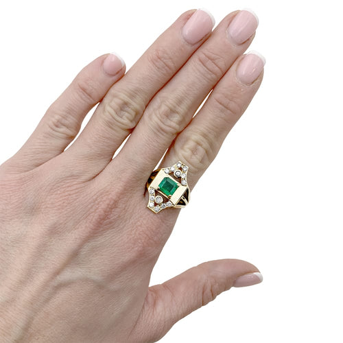 Bague 55 Bague géométrique en or jaune 750 avec émeraude et diamants 58 Facettes 35220