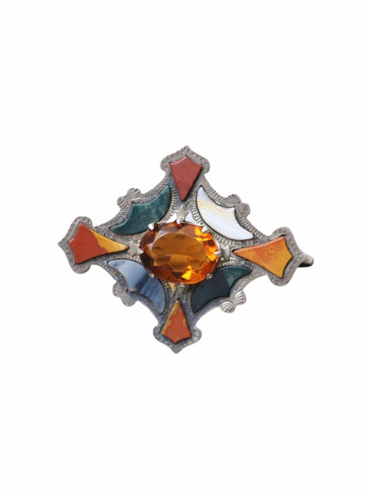 Broche losange Ecossaise ancienne en argent, jaspe, et agate 58 Facettes