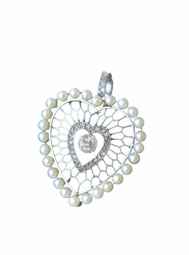 Collier Pendentif cœur diamants et perles en platine 58 Facettes