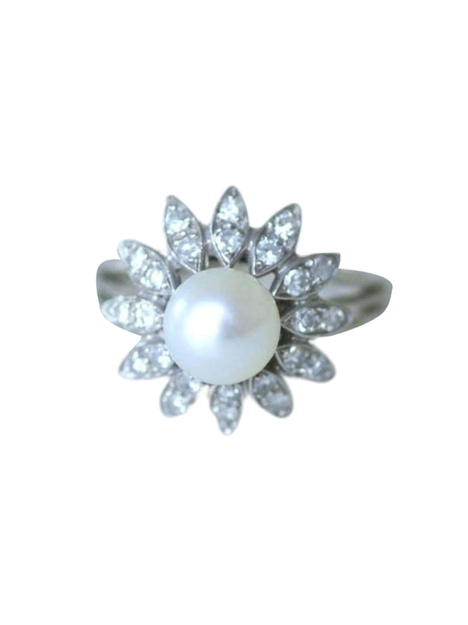 Bague Bague fleur vintage or blanc, perle et diamants 58 Facettes