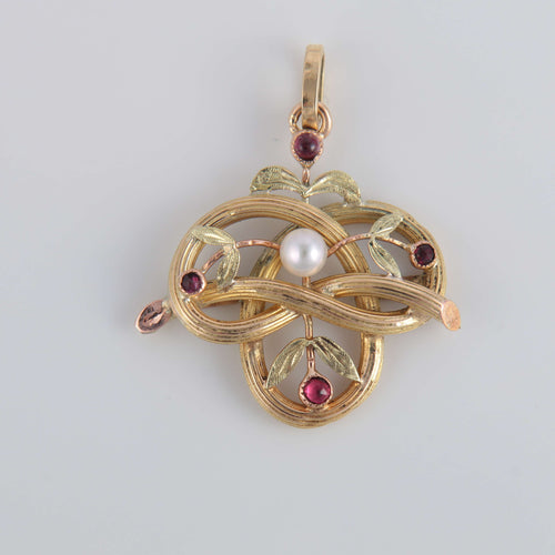 Pendentif Pendentif Art Nouveau Perle et pierres rouges 58 Facettes