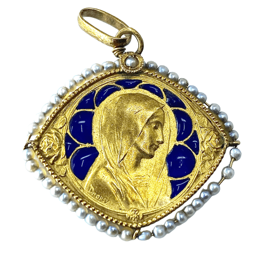 Pendentif Médaille Vierge émail perles fines 58 Facettes