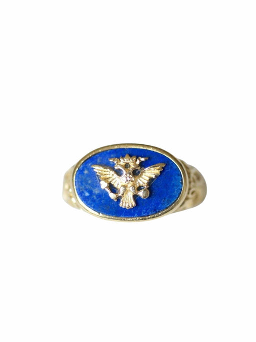 Bague Chevalière maçonnique aigle Russe à deux têtes en or et lapis-lazuli 58 Facettes