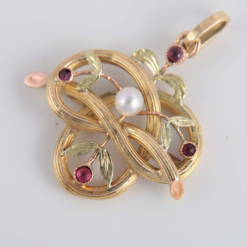 Pendentif Pendentif Art Nouveau Perle et pierres rouges 58 Facettes