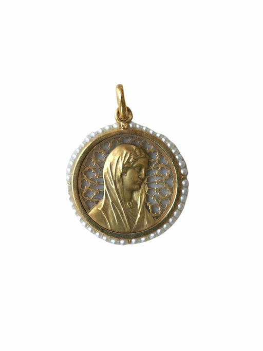 Pendentif Médaille ancienne Vierge Marie or et perles fines 58 Facettes
