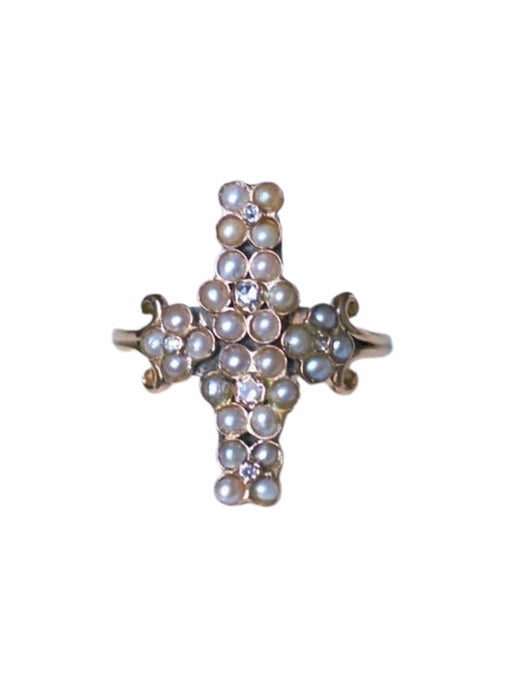 Bague Bague croix or rose, perles fines et diamants 58 Facettes