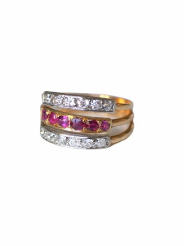 Bague Victorienne triple anneau en or rose, platine, rubis et diamants 58 Facettes