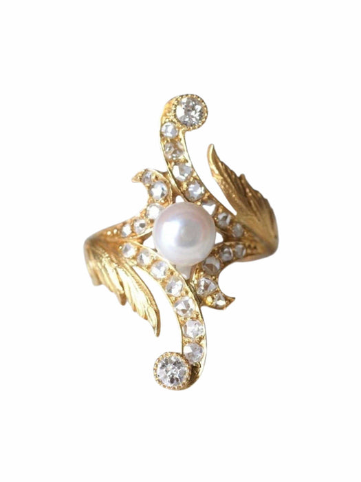 Bague Marquise Style Art Nouveau or 14Kt, diamants, perle 58 Facettes
