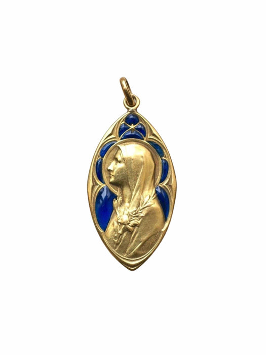 Pendentif Médaille ancienne en or, Vierge Marie, et émail plique-à-jour 58 Facettes