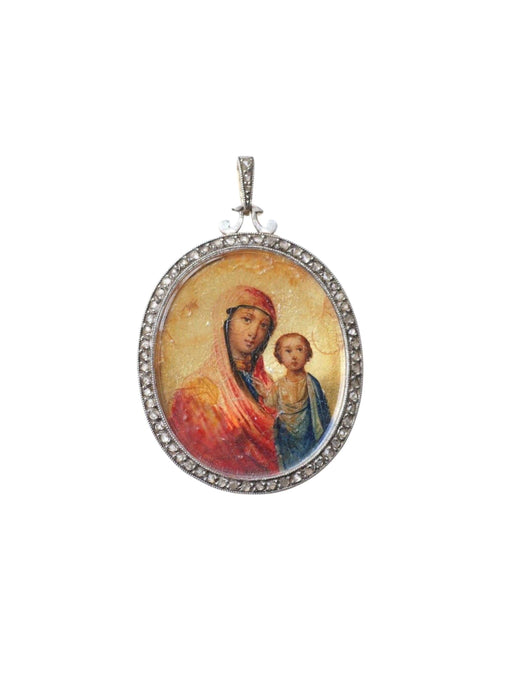 Pendentif Pendentif ancien en or, icône Mère de Dieu de Kazan, entouré de diamants 58 Facettes