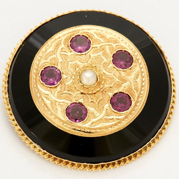Broche Vintage Couleur Or Ronde Avec Cristaux Et Améthyste - Modèle 4658