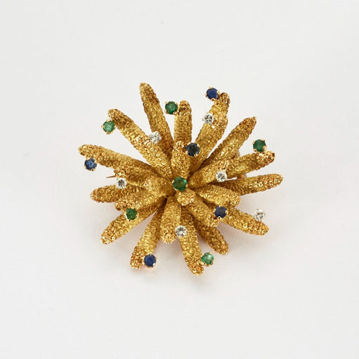 Brooch Flower Clip Brooch - Yellow gold, diamonds, sapphires and emeralds 58 Facettes DV0554-1