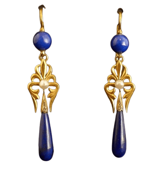 Boucles d'oreilles Paire de pendants d'oreilles perles, lapis lazuli et diamants taille rose 58 Facettes 1026745