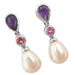 Dangling earrings with cultured pearls, amethysts, tourmalines 58 Facettes AA 1559