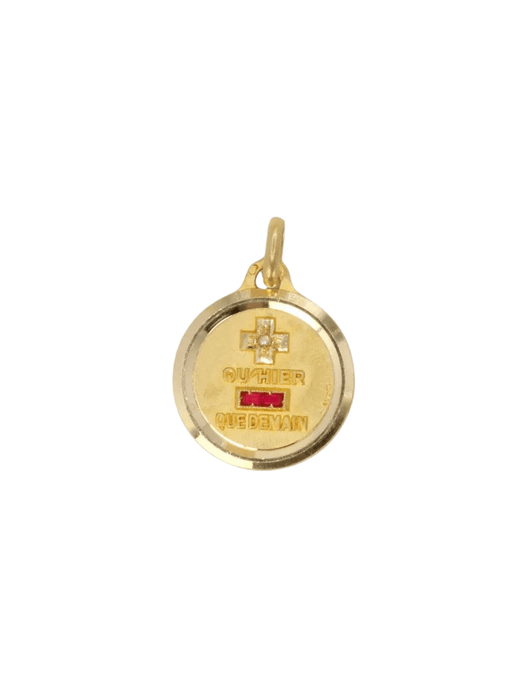 Pendentif Médaille amour Augis "L'essentielle" Plus qu’hier moins que demain Or jaune Rubis Diamant 58 Facettes J239