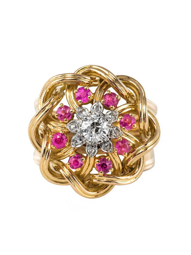 Bague 50 Bague rétro diamants rubis et fils d'or entrelacés 58 Facettes 20-155-49