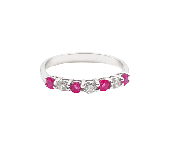 Bague 54 Demi alliance Or blanc Rubis et Diamants 58 Facettes