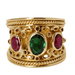 Ring 53 Ribbon bangle ring in yellow gold with ruby ​​and green stone 58 Facettes 32035