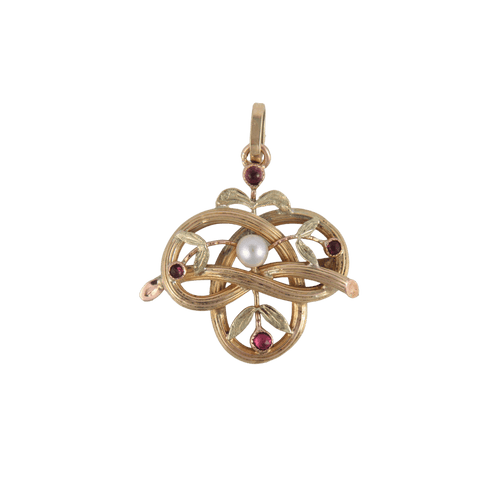 Pendentif Pendentif Art Nouveau Perle et pierres rouges 58 Facettes