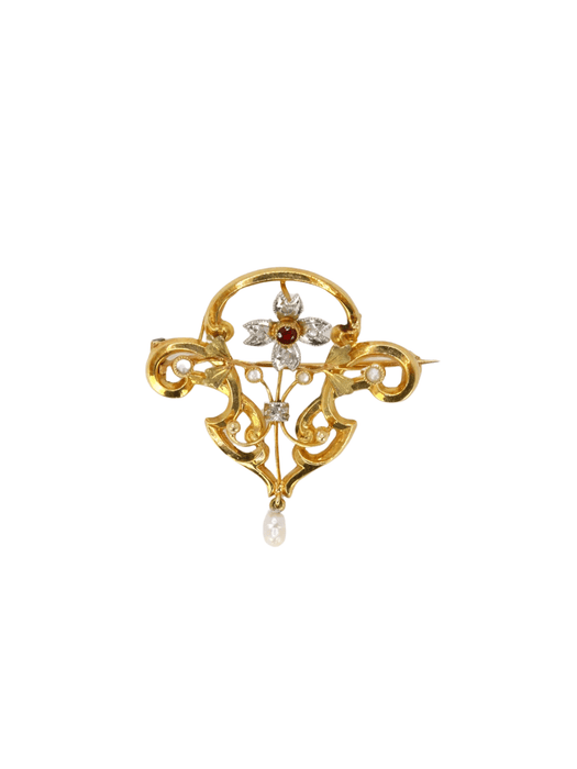 Broche Broche-Pendentif Art-Nouveau Or jaune Perles fines Diamants Grenat 58 Facettes J296