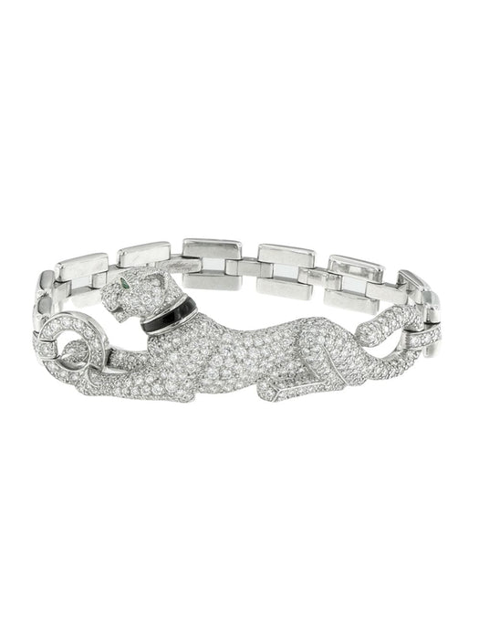Bracelet Cartier - Bracelet Vintage Panthère en diamants, émeraudes, émail et or blanc 58 Facettes