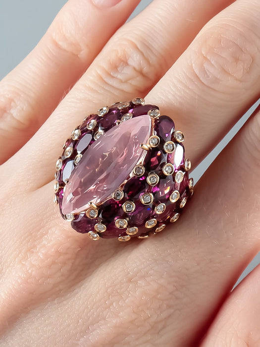 Bague 52 Bague Quartz rose Tourmalines Diamants 58 Facettes