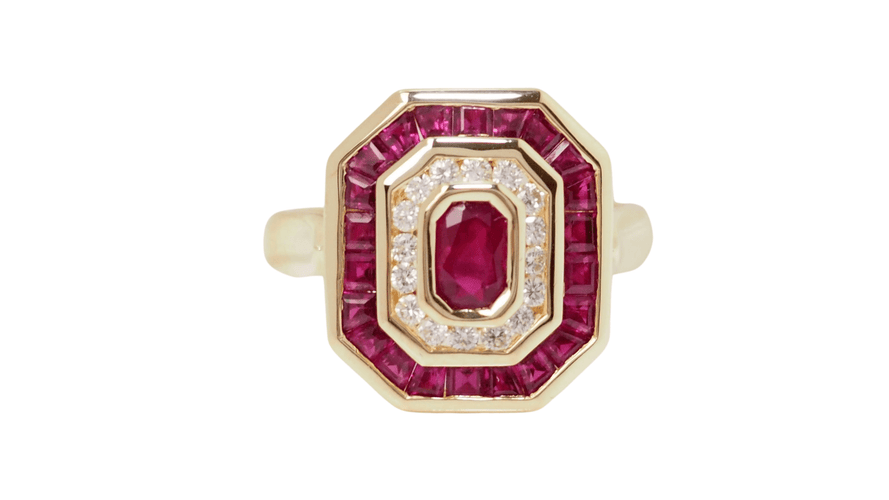 Bague 54 Bague octogonale Or jaune Rubis ovale Diamants 58 Facettes 32519