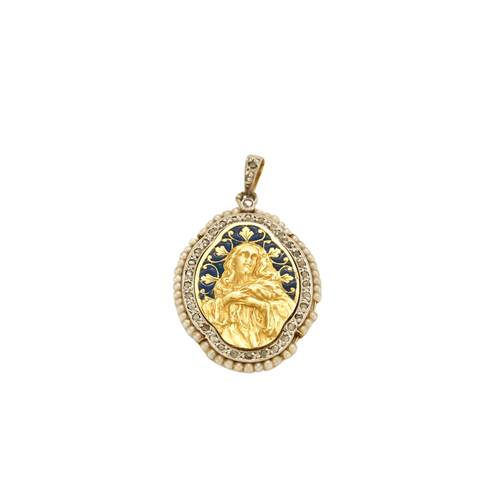 Pendentif Médaille de la Vierge Marie or, diamants et perles, vers 1900 58 Facettes