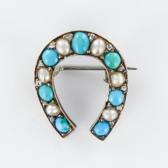 Broche Broche fer à cheval turquoises perles fines diamants 58 Facettes 19-222