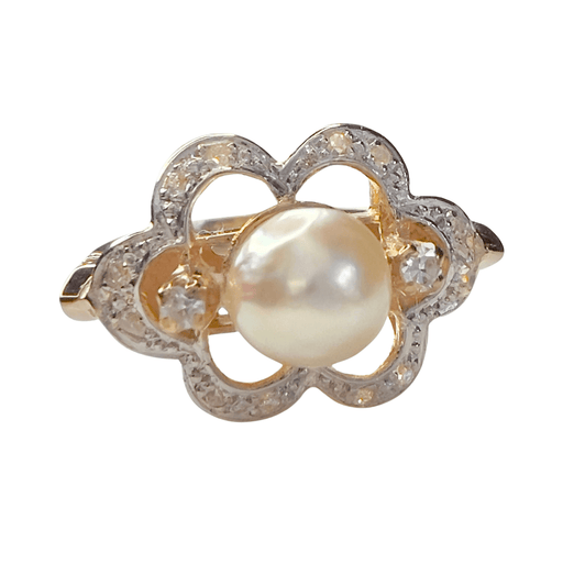 Ring 53.5 Art Deco design ring 1930-1935 in 18 kt gold with diamonds and cultured pearls 58 Facettes Q988A