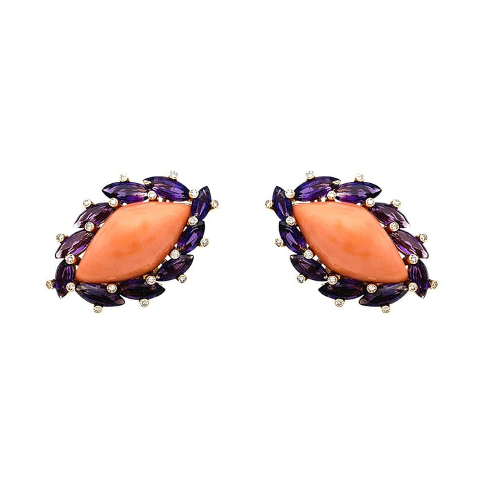 Yellow gold coral, amethyst and diamond earrings.