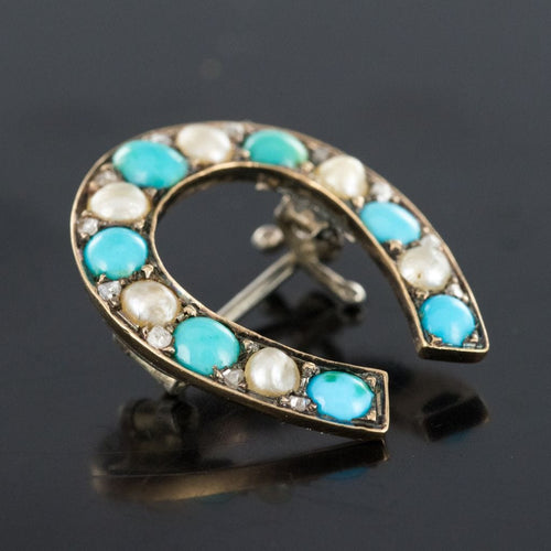 Broche Broche fer à cheval turquoises perles fines diamants 58 Facettes 19-222