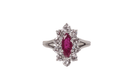 Ring 51 White gold marquise ring, shuttle ruby ​​and diamonds 58 Facettes 31031