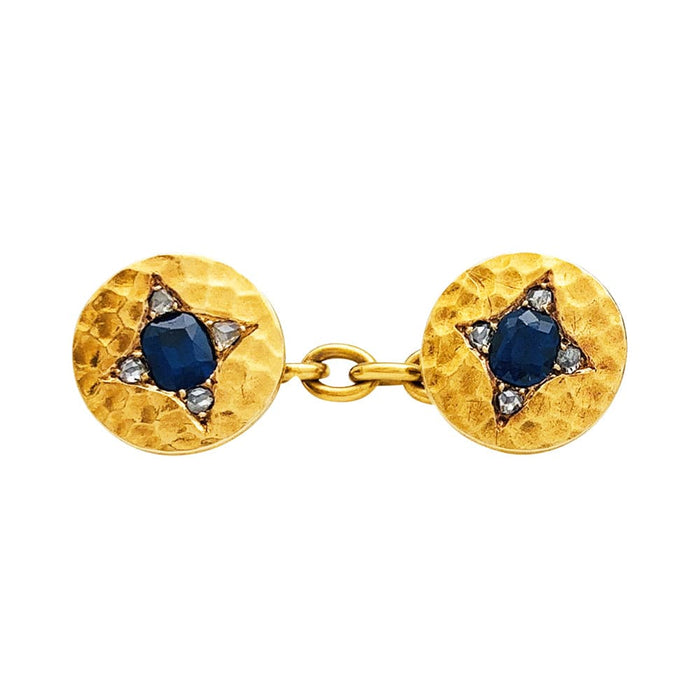 Cufflinks in yellow gold, sapphires and diamonds.