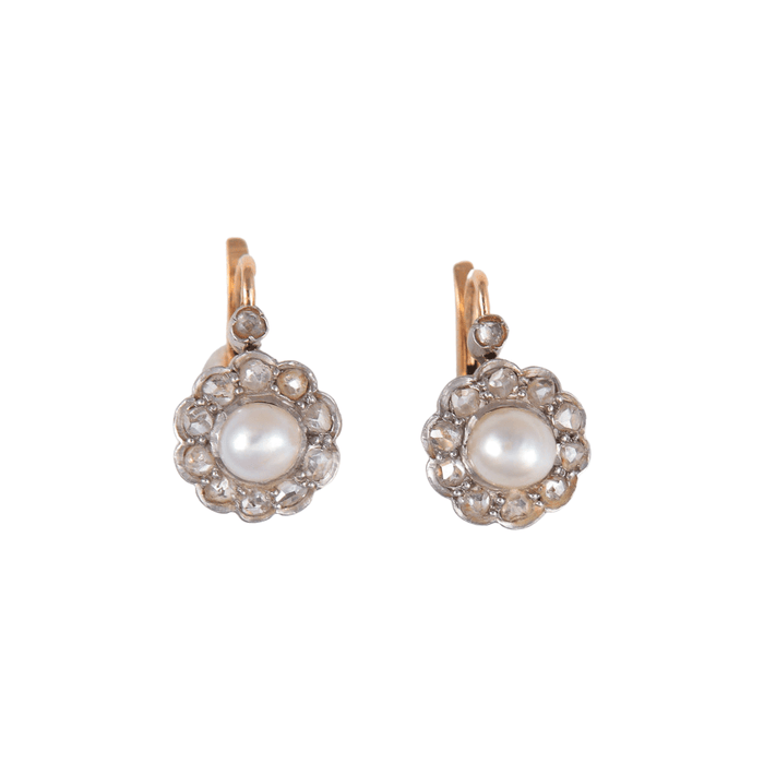 Boucles d'oreilles Paire de dormeuses anciennes perles et diamants, fin XIXème 58 Facettes