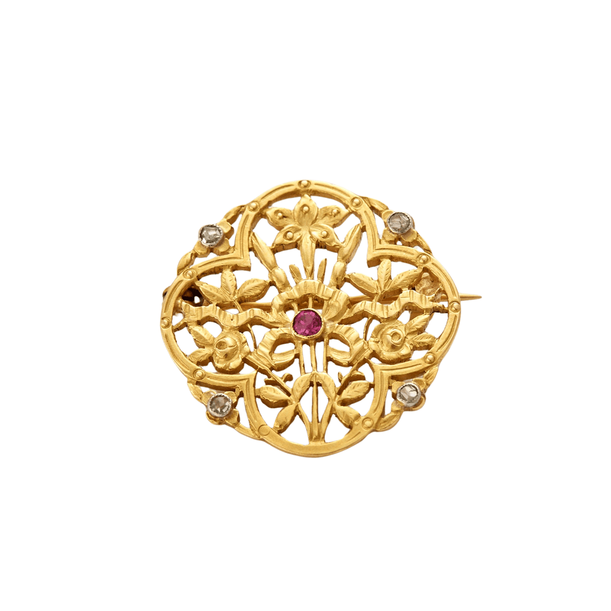 Broche Art Nouveau Plaquée Or - Strass Blanc Et Rose, Perle Pampille - Marque Pierre Bex - Occasion