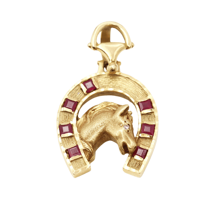 Pendentif Pendentif fer à cheval avec cheval en or 18 carats avec rubis 58 Facettes E359871I