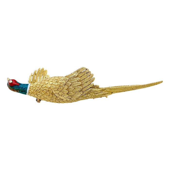 Mellerio "Pheasant" brooch in yellow gold, enamel and diamond.