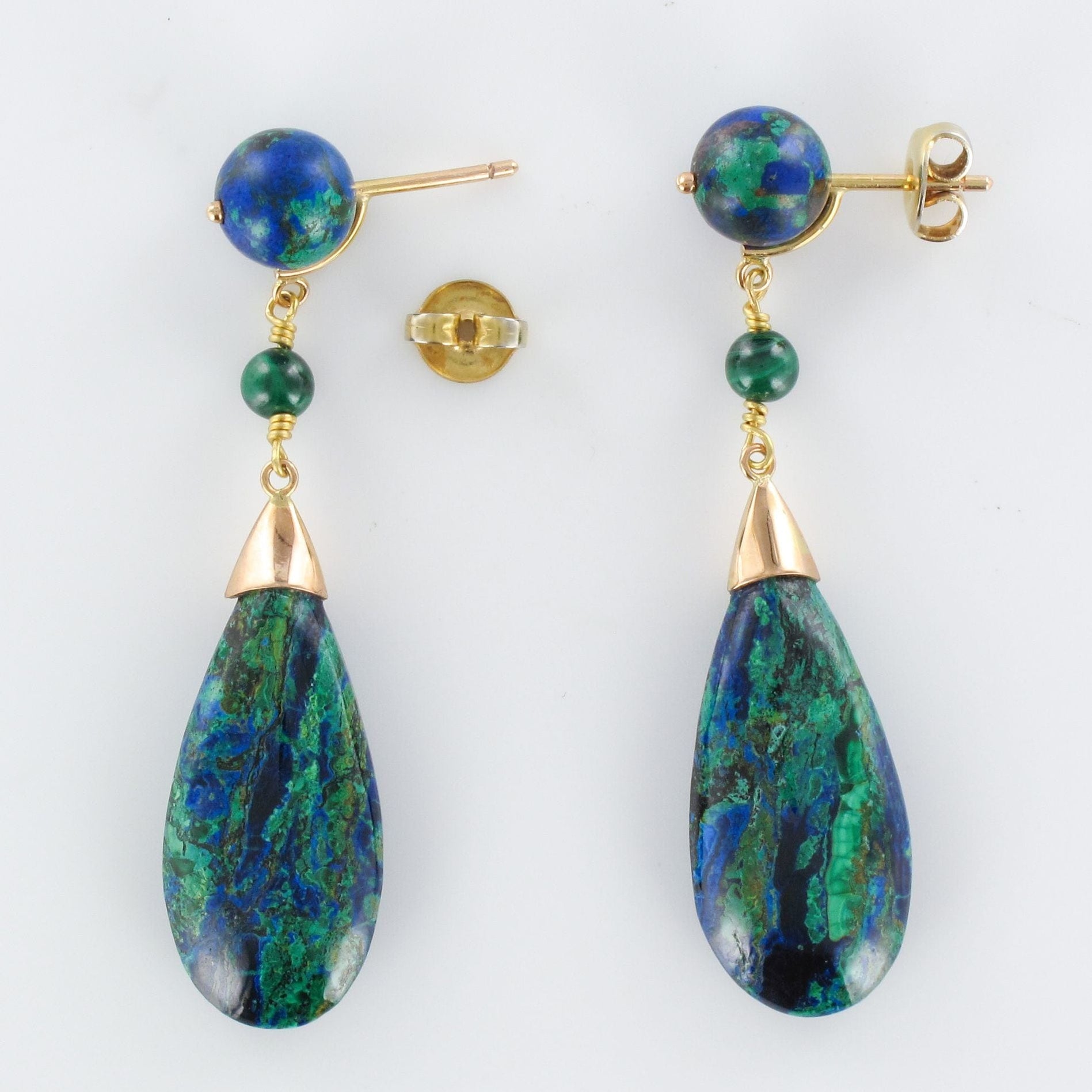 Boucles D'oreilles Pendantes Dorées Avec Trio De Malachites - Neuf Sans Emballage